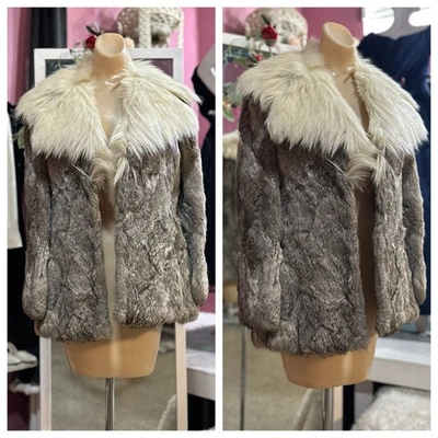 Vintage 70s Rabbit Fur Coat Shag Trim Gray Silver Boho Hippy Winter Short XS/S - Image 1 of 4