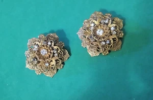 Orecchini Vintage Miriam Haskell Tono Oro e Strass Clip 1 1/2" - Foto 1 di 6