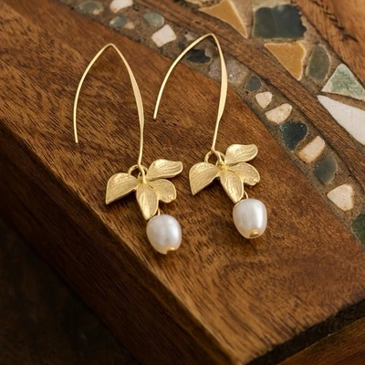 Anthropologie цветок серьги листа жемчуг падение подвеской золото свадьбы богемное белый винтажный - Изображение 1 из 4