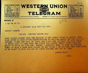 Western Union Telegramm 25. September 1920 Palace Theatre Orgelunterricht Antigo Wi - Bild 1 von 1
