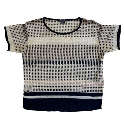 Blusa Vince 100% seda estampa grade manga curta XS creme azul marinho bronzeado - Imagem 1 de 4