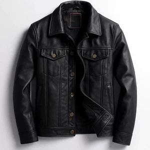Men Leather Jacket | Trucker Jacket | Genuine Black Leather Vintage Style Jacket - Picture 1 of 3