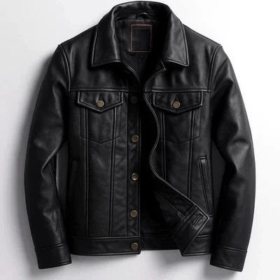 Men Leather Jacket | Trucker Jacket | Genuine Black Leather Vintage Style Jacket - Image 1 of 3