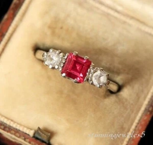 3-Stone Wedding Ring 1.55CT Princess Cut Genuine Red Ruby 14K Two-Tone Gold Over - Picture 1 of 5