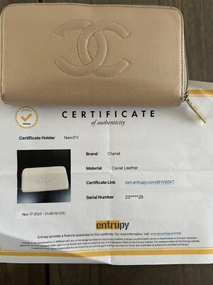 Auténtico CHANEL CC Logo Cartera Piel de Caviar Cuero Cartera Beige Cremallera Alrededor con Certificado de Autenticidad Foto 1 de 4