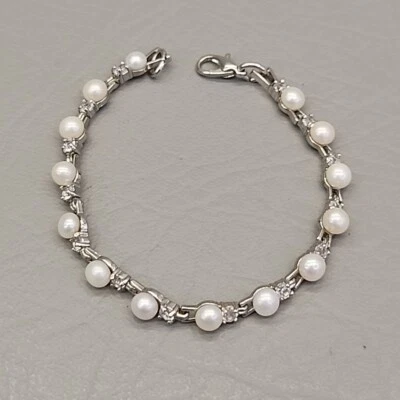 Pulsera Botón Perla Agua Dulce Estrás Tono Plata 7" Foto 1 de 4