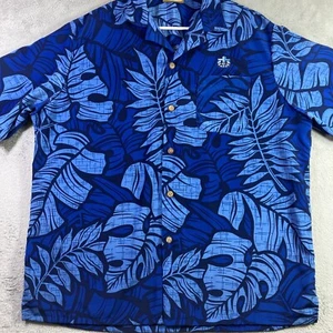Edwards Shirt Men Large Blue Hawaiian Button Up FCA Logo Floral Print Casual - Picture 1 of 16