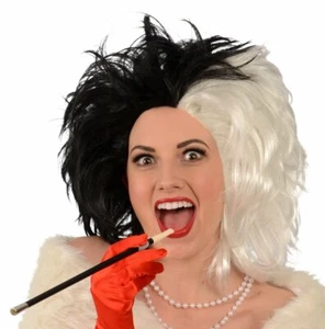 Cruella Blk/Wht 2 Tone Synthetic Hair Movie Character Halloween Costume Wig - Picture 1 of 2