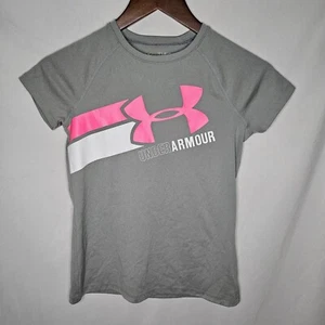 Girls Under Armour Heat Gear Loose Gray Graphic Shirt Short Sleeve Size YMD - Picture 1 of 13