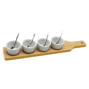 Snack Dip Tray Appetizer Tapas Porcelain Serving Wooden Paddle Set Gift Idea - Picture 1 of 3