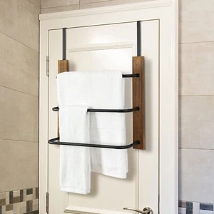 3 Tier Solid Wood and Matte Black Metal Over The Door Towel Rack - Picture 1 of 6