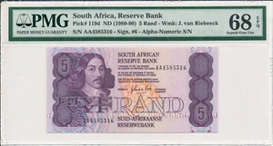 Reserve Bank South Africa 5 Rand ND(1989-90) Prefix AA PMG 68EPQ - Picture 1 of 3
