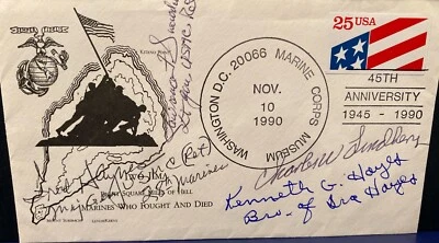 45-я годовщина Иводзимы флаг поднимается на MT. Suribachi 2/23/45 с автографом 4 X - Изображение 1 из 4