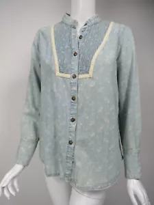 FREE PEOPLE Faded Print Denim Pintuck Pleat Detail Button Front Shirt sz S - Picture 1 of 3
