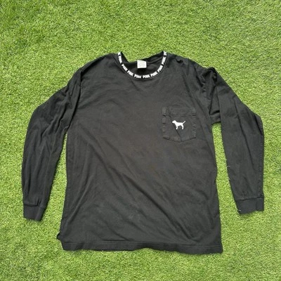 Victorias Secret VS Pink Long Sleeve Shirt Size Large Graphic Crew Neck Black - Image 1 of 4