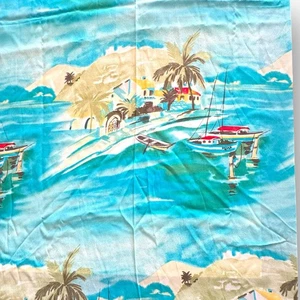 Vintage Hawaiian Tropical Novelty Fabric Palm Boats Cars Island Tiki Cotton - Picture 1 of 12