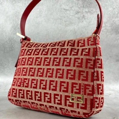 FENDI Zucchino Zucca Vintage Handbag Pouch Canvas Leather Red Logo From Japan - Image 1 of 4