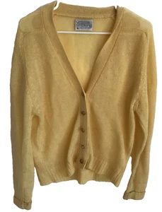 Vintage Yellow Knit Pendleton Sweater, Wool M Cardigan Top Buttons, Preppy Long - Picture 1 of 11