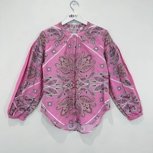 Country Road Linen Blend Top Women 4 Pink Paisley Button Up Puff Sleeve Boho - Picture 1 of 11