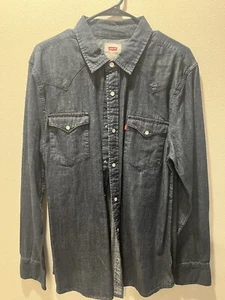 Levis Shirt Mens Small Blue Denim Pearl Snap Long Sleeve Western Cowboy Cotton - Picture 1 of 2