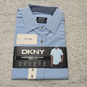 DKNY Shirt Mens Small Blue Short Sleeve Tech Regular Fit Collared Button Front - Picture 1 of 5