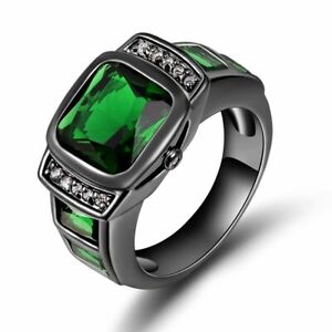 Size 9 Cute Men Black 18K Gold Filled Green Emerald Engagemet Wedding Rings
