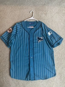 Vintage Starter San Jose Sharks NHL Baseball Trikot Nadelstreifen Türkis L - Bild 1 von 11