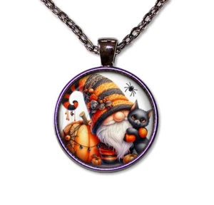 Cute Gnome Halloween Orange Hat Black Cat Handmade ROUND Glass Pendant Necklace - Picture 1 of 10