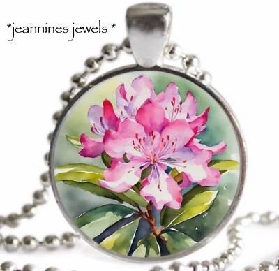 COLLAR Flor Azalea Acuarela Arte Botánico Impresión Plata Dije Colgante Foto 1 de 4