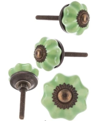 4 JADEITE GREEN GLASS Kitchen Cabinet Drawer Knobs Depression coke bottle brass - Image 1 of 4