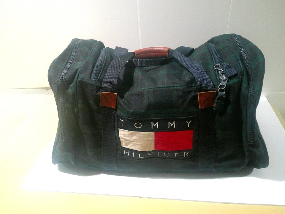 Bolso de Lona Tommy Hilfiger Verde a Cuadros Logo Laurel Parte Inferior Firme Foto 1 de 4