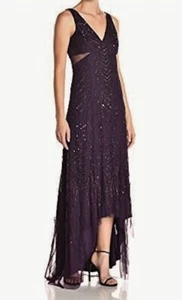 ADRIANNA PAPELL Amethyst Beaded Hi Low Formal Long S/L Gown Dress NEW Womens 6 - Picture 1 of 12