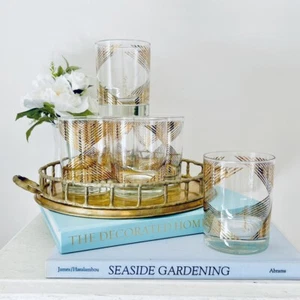 6 Vtg Georges Briard Double Old Fashioned Glasses Gold Lattice Diamond Stripe - Picture 1 of 8