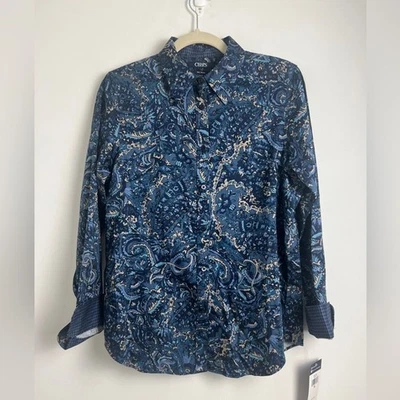 NUEVO CHAPS Blusa Top Para Mujer Mediana Sin Hierro 100% Algodón Azul Paisley Con Botones Foto 1 de 4