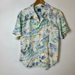 Vintage LizWear Button Up SS Shirt Womens L Pastel Tropical Postcard Vacation - Picture 1 of 13