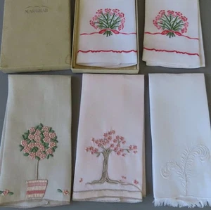 Box 5 Vintage MADEIRA Hand Embroidered Finger Tip Towels MARGHAB Rose Tree PLUME - Picture 1 of 7