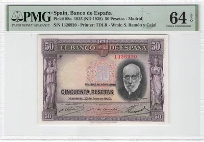 España 50 Pesetas 1935 P-88a PMG 64 EPQ Foto 1 de 2