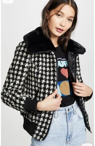 Jocelyn Teddy black and white houndstooth bomber jacket with Fur collar size M - Picture 1 of 10