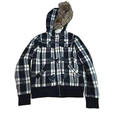 Vintage Y2K Delia's Heavy Warm Black Cream Plaid Faux Fur Lined Hood Size Medium - Image 1 of 4