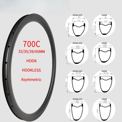700C砾石公路自行车碳纤维轮辋不对称自行车夹无内胎车轮 — 第 1/4 张图片