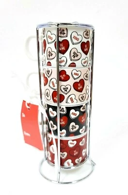 4 Empilable Coco Lola Blanc Rose Coeurs Rouges Espresso Tasse,Tasse Argent - Photo 1/4