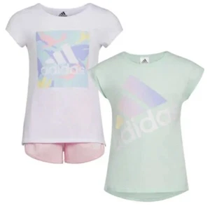 NWT ! Girl's Adidas 3 Piece Set Tee Shirts and Shorts White Teal Pink Size 6T/7T - Picture 1 of 6