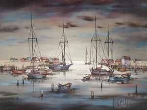 LISTED AMERICAN GERMAN HUGO CASAR Sd ORIGINAL O/C HARBOR BOATS WATERSCAPE - Picture 1 of 12
