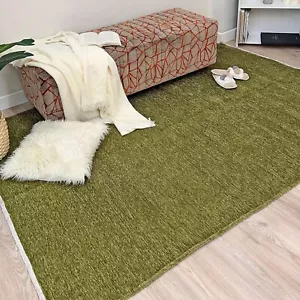 Green Washable Area Rugs for Living Room Bedroom Kitchen Cotton Decor Solid Rug - Picture 1 of 7