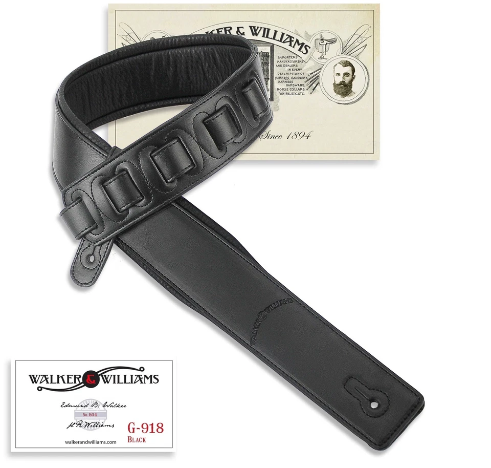 Walker & Williams G-918 Natural Finish Black Leather Padded Guitar Strap