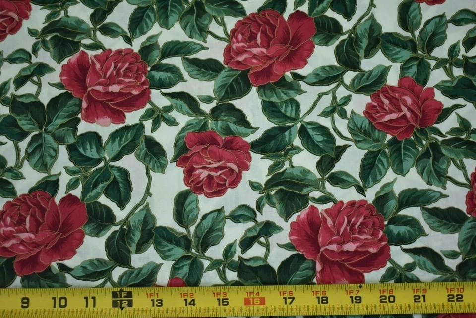By 1/2 Yd, Vintage, Red Roses with Metallic-Gold on Cream Cotton, Kona Bay,B1356 - Image 1 of 4