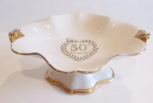 Royal Winton Grimwades England Pedestal Candy Dish 50 Anniversary White w Gold - Picture 1 of 6