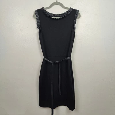 Vintage Christian Dior Dress Womens Small Black Knit Dress Leather Trim Belt - Image 1 of 4