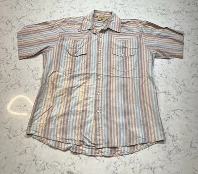 Moda Tech Striped Western Shirt Mens M Pearl Snap Short Sleeve Button Up Cotton - Image 1 of 3