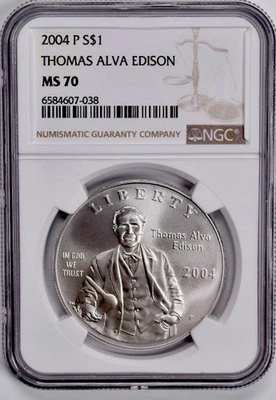 2004-P THOMAS EDISON Silver Dollar NGC MS70💥FLAWLESS QUALITY💥 - Image 1 of 4